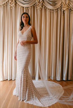 Daughters of Simone Nev Crochet Lace Wedding Dress Nude Lined Boho Gown XL